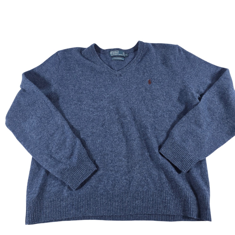 Polo Ralph Lauren Mens XL Blue Lambswool V-Neck Sweater Heather Knit Pony Logo